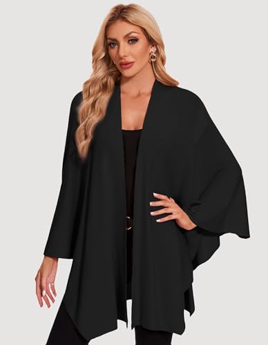 PULI Womens Elegant Cross Front Shawl Wraps Knitted Ponchos Cape Light Weight Poncho Sweater Soft Warm Travel Wraps - color: Black