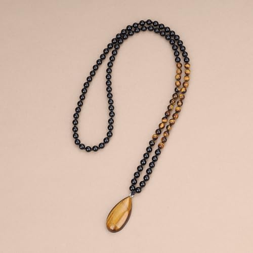 COAI Teardrop Pendant Necklace 108 Mala Stone Beaded Necklace, Prayer Beads Necklace for Women - style: Onyx & Tiger Eye