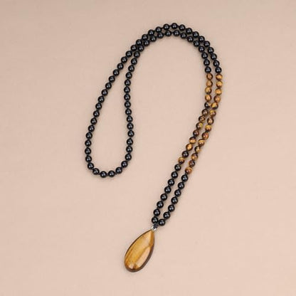 COAI Teardrop Pendant Necklace 108 Mala Stone Beaded Necklace, Prayer Beads Necklace for Women - style: Onyx & Tiger Eye