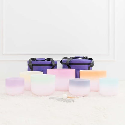 Hye-eun 432 hz Crystal Singing Bowl 7-12 Inch Set of 7 PCS Rainbow Gradient Frosted Quartz Crystal Chakra Singing Bowls with Carry Case Bag for Sound Healing and Therapy Meditation - color: 7-12inch 432hz Double Color 7pcs