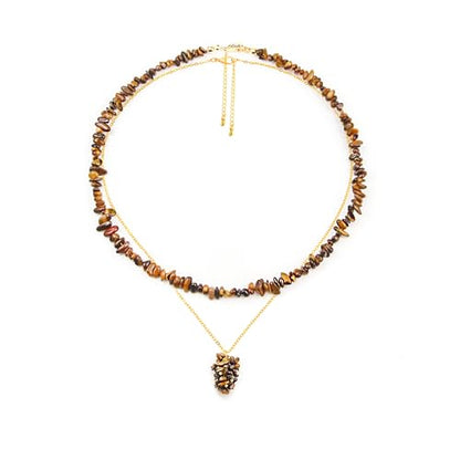 2Pcs Crystal Necklace for Women Handmade Choker Necklaces Pendant Necklace Natural Stone Gemstone Beaded Necklace 18k Gold Plated Adjustable Dainty Necklace for Women - color: Tigers Eye