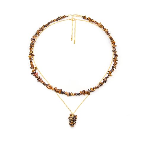 2Pcs Crystal Necklace for Women Handmade Choker Necklaces Pendant Necklace Natural Stone Gemstone Beaded Necklace 18k Gold Plated Adjustable Dainty Necklace for Women - color: Tigers Eye