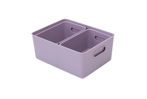Superio Decorative Plastic Basket Open Home Storage Bins Organizer, Lilac Purple (Set of 3) 1 Large, 2 Medium - Container Boxes for Organizing Closet Storage Bins for Shelves - Ribbed Collection - size: 1 Pack, style: Bin - (2 Medium 5 Liter) + (1 large 1
