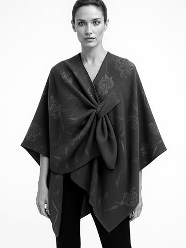 Women's Elegant Shawl Wraps, Soft Open Front Poncho Cape, Reversible Casual Cardigan Shawls for Gift Travel - color: Black