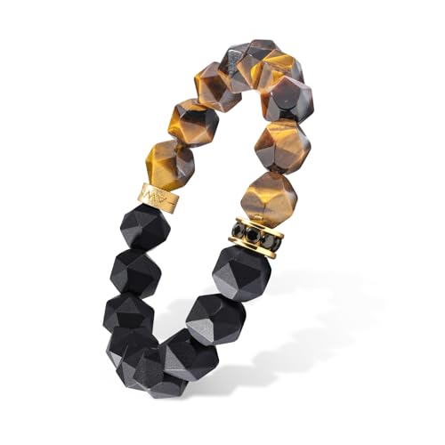 AWNL Beaded Bracelet for Men Tiger Eye Onyx Obsidian Natural Gemstones (10 mm) Premium Sterling Silver Centre Protection Charm Handmade Stretch Bracelet Gift for Men, 5.9''- 8'' - color: Gold, size: S (Wrist Size 6.3'' - 6.7'' Weight 70-80 kg)