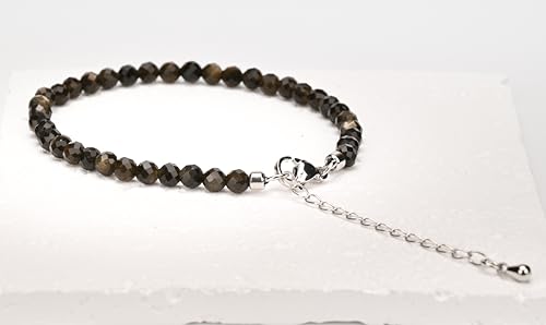 Crystal Bracelet for Women, Natural 4mm Faceted Beads Adjustable Bracelet, Small Beaded Healing Gemstone Bracelet - color: Golden Obsidian