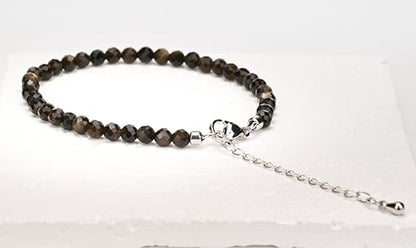 Crystal Bracelet for Women, Natural 4mm Faceted Beads Adjustable Bracelet, Small Beaded Healing Gemstone Bracelet - color: Golden Obsidian