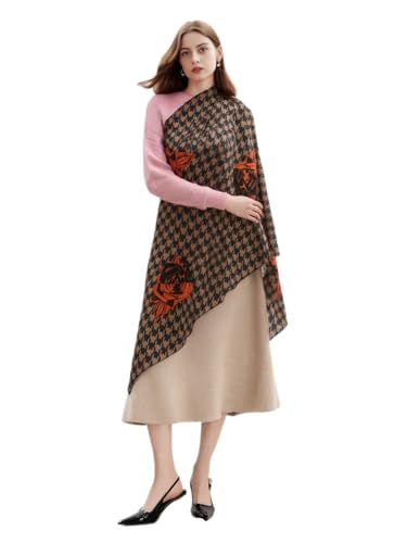 Cashmere-soft Mercerized wool Shawl Pashmina Lightweight Travel Wrap & Evening Scarf |Office |Wedding - color: Thousand Bird Check + Peony Dark Brown
