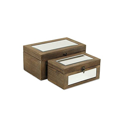 Set of 2 Brown Mirrored Wood Storage Box, 11.75" L x 7" W x 5.5" H