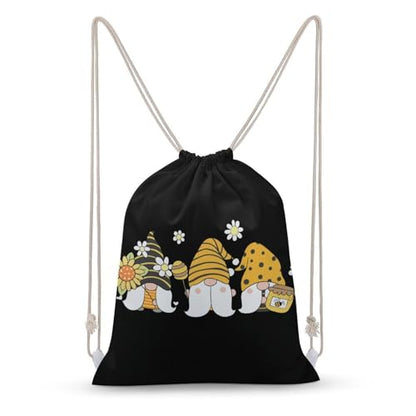 Sunflower Bee Cute Cartoon Gnome Black Portable Canvas Drawstring Backpack with Drawstring Pockets 30x40cm - color: Sunflower Bee Cute Cartoon Gnome Black, size: 30x40cm