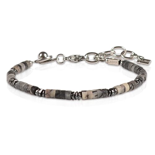 Men's Hematite & Black Grid Stone Beaded Bracelet, Adjustable Stainless Steel, Thickened Steel Wire Handmade Original Rugged Jewelry, Birthday Gift for Dad & Boyfriend