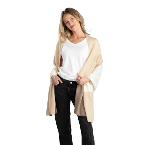 Jet&Bo 100% Pure Cashmere Lightweight Travel Wrap, Shawl & Scarf Beige Colorblock 72" x 28" with Protective Storage Bag + Gift Box
