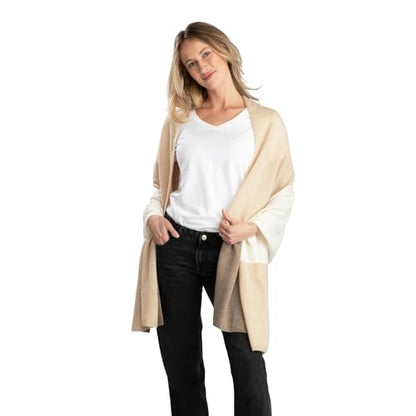 Jet&Bo 100% Pure Cashmere Lightweight Travel Wrap, Shawl & Scarf Beige Colorblock 72" x 28" with Protective Storage Bag + Gift Box