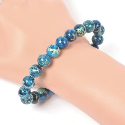 Justinstones Gem Semi Precious Gemstone 10mm Round Beads Stretch Bracelet 7 Inch Unisex - color: Blue Sea Sediment Jasper