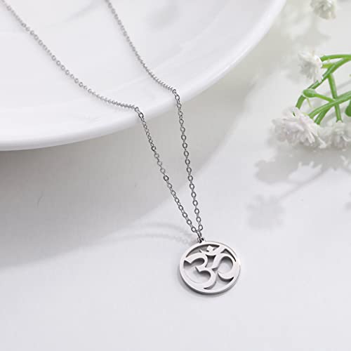 UNIFT Necklace For Women- Aum Om Ohm Sanskrit Symbol Round Pendant Beaded Double Layer Chain Charm Necklace,Hinduism Yoga Sanskrit Personalized Amulet Dainty Pendant Necklace Jewelry - color: single chain - silver