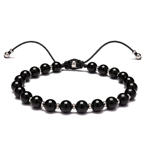 Men’s Beaded Bracelet Adjustable, Natural Texture Beads with Stainless Steel Spacers, Braided Cord, Minimal Everyday Bracelet for Men & Women - color: Glossy Black 6mm