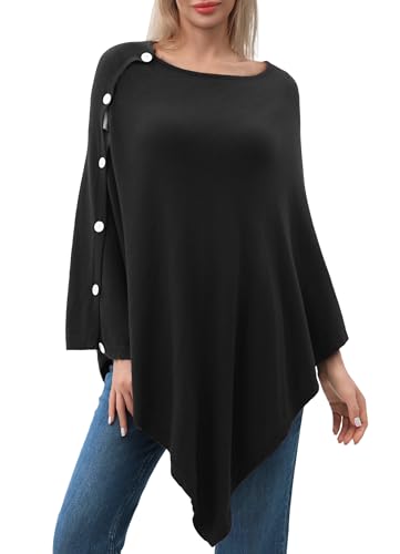 PULI Women's Versatile Knitted Shawls Scarf Poncho Sweater with Buttons Lightweight Spring Summer Fall Wraps - color: Round Neck-black