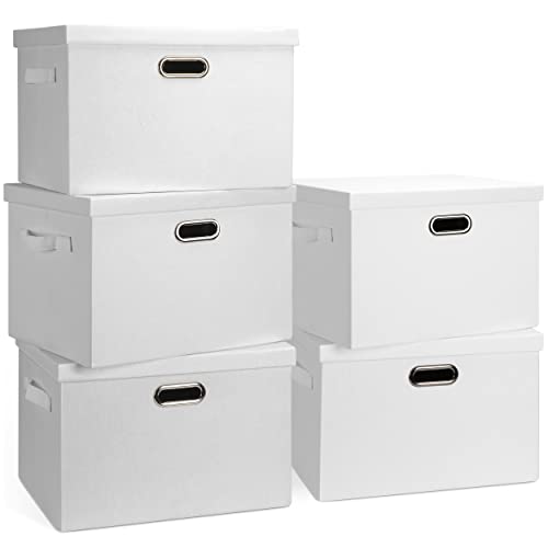 Graciadeco Large 17" 36 Quart Collapsible Stackable Storage Bins with Lids, 5 Packs White Linen Fabric Closet Boxes with Lids, Storage Cube Baskets Container Organizers for Bedroom Office(17 x12 x11) - color: White, size: Large -5 Pack