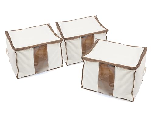 Covermates Canvas Storage Bag for Blankets, Clothes & Décor, 100% Cotton Breathable Fabric, Clear ID Window, Dual Zipper Closure, Carry Handles, Closet Organization, Natural - size: 19.25W x 13D x 12.5H - 3 PIECE SET