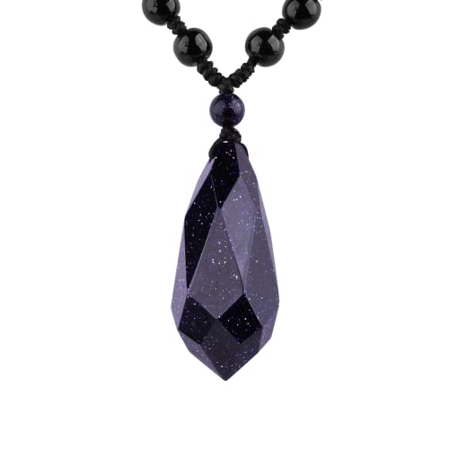 Black Obsidian Necklace Protection Pendant with Extended Bead Chain Healing Crystal Stone Amulet Necklace for Men Women - color: Angel Tear-Blue Sandstone