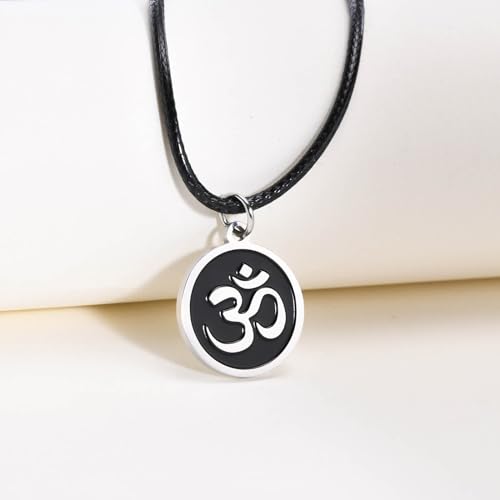 Stainless Steel Om Necklace for Men Women, gold plated/Silver/Black Yoga Charm Pendant Necklaces Aum Om Ohm Sanskrit Symbol Hindu Meditation Chain Necklace,Mens Womens Jewelry Gifts - color: Round Black