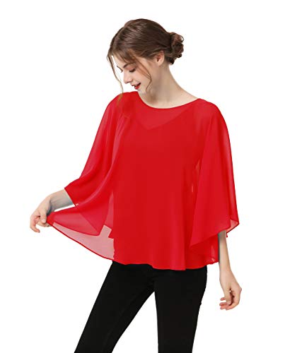 Capes for Womens Casual chiffon shawl Casual Chiffon Cape Sheer shawls and wraps Poncho Capelets Cover Up - color: Red