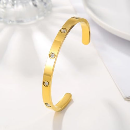 Gold Bangle for Women - 18K Gold Plated Stainless Steel Love Friendship Crystal Bracelets with Cubic Zirconia - color: 5CZ Cuff Bangle - GOLD