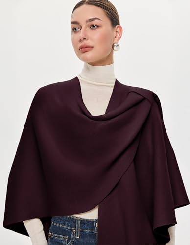 PULI Womens Large Cross Front Poncho Sweater Wrap Topper Knitted Elegant Shawls Cape for Fall Winter - color: Extra Warm Burgundy
