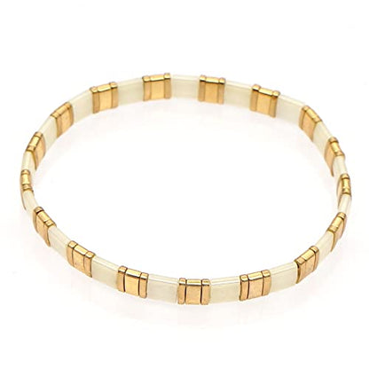 Summer Candy Colors Tila Flat Seed Beads Stretch Strand Bracelet for Women- Trendy Unique Friendship Handmade Mixed Colorful Square Beaded Link Bracelets Stackable Jewelry Gifts - color: 0060B