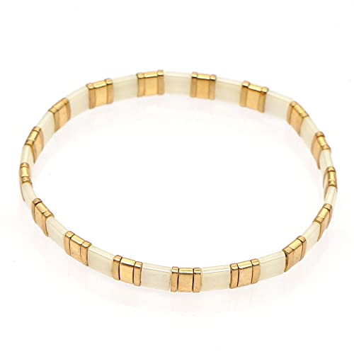 Summer Candy Colors Tila Flat Seed Beads Stretch Strand Bracelet for Women- Trendy Unique Friendship Handmade Mixed Colorful Square Beaded Link Bracelets Stackable Jewelry Gifts - color: 0060B