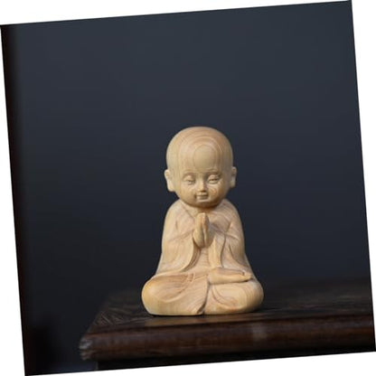 Healifty Boxwood Monk Figurine Hand Carved Desktop Decoration for Home Office Small Pet Ornament Delicate Wood Sculpture for Meditation Feng Shui Decor