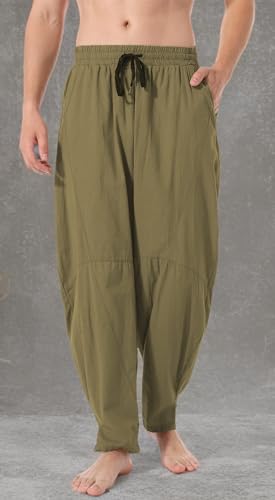 perdontoo Men's Linen Cotton Loose Fit Casual Lightweight Elastic Waist Summer Beach Pants