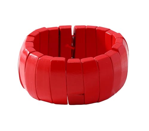 Vintage Wooden Beaded Bracelet for Women Boho Chunky Colorful Natural Wood Stretch Bracelet for Women Men Geometric Ethnic Statement Wrist Jewelry - color: Red B