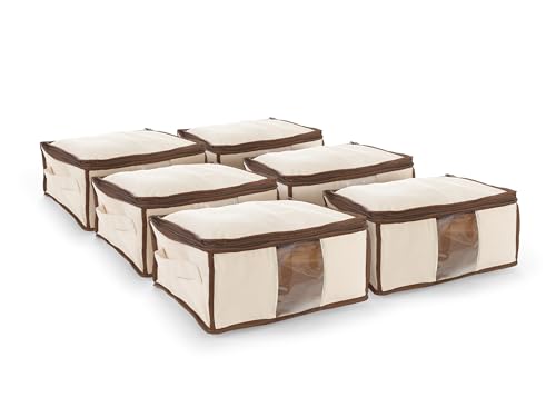 Covermates Canvas Storage Bag for Blankets, Clothes & Décor, 100% Cotton Breathable Fabric, Clear ID Window, Dual Zipper Closure, Carry Handles, Closet Organization, Natural - size: 13W x 13D x 6.5H - 6 PIECE SET