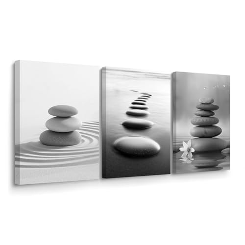 BJYCHG Black and White Zen Wall Art 3 Pieces Stones in Water Picture Canvas Print for Bathroom Spa Stone Painting Yoga Meditation Room Decor Framed (Grey, 11x14inchx3 Pieces) - color: Grey, size: 11x14inchx3 Pieces
