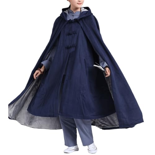 Winter Meditation Robe Hooded Trench Coat Cloak Double Layer Plush Buddhist Capes Unisex with Pockets - color: Blue, size: Small