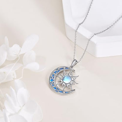 Sun and Moon Necklace for Women 925 Sterling Silver Celtic Crescent Moon Pendant Blue Opal/White Opal/Abelone Shell/Labradorite/Moonstone Jewelry Gift for Teen Girls - color: blue opal moon