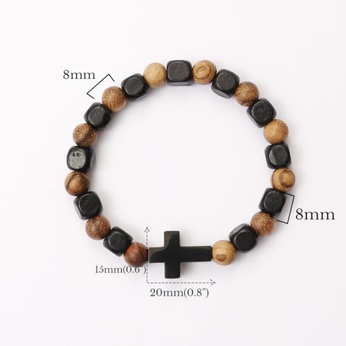 MILAKOO Wooden Bracelet with Black Stainless Steel Cross Charms Bead Christian Gifts for Women Men - color: C4