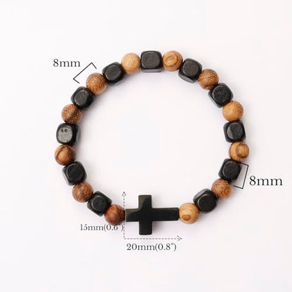 MILAKOO Wooden Bracelet with Black Stainless Steel Cross Charms Bead Christian Gifts for Women Men - color: C4