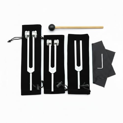 Tuning Forks for Healing Set (128Hz, 256Hz, 512Hz), Tuning Fork with Reflex Hammer for Healing/Frequency Instrument/Sound Therapy/Chakra/Yoga and Meditation Tools (Silvery), Stress Relief Gift