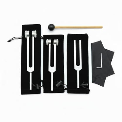 Tuning Forks for Healing Set (128Hz, 256Hz, 512Hz), Tuning Fork with Reflex Hammer for Healing/Frequency Instrument/Sound Therapy/Chakra/Yoga and Meditation Tools (Silvery), Stress Relief Gift