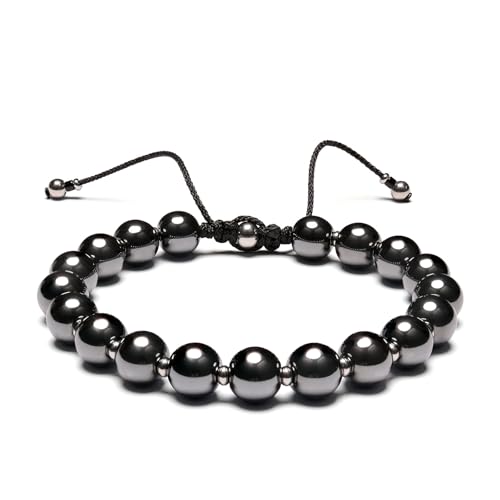 Men’s Beaded Bracelet Adjustable, Natural Texture Beads with Stainless Steel Spacers, Braided Cord, Minimal Everyday Bracelet for Men & Women - color: Gunmetal Gray 8mm