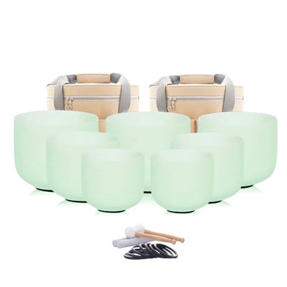Hye-eun 432hz Crystal Singing Bowl Set of 7 Mint Green Frosted Quartz Chakra Sound Bowl with 2 Pcs Carry Case Bag for Cleansing Stress Relief- Spiritual Mindfulness - color: 7-12 Inch 432hz Mint green 7pcs