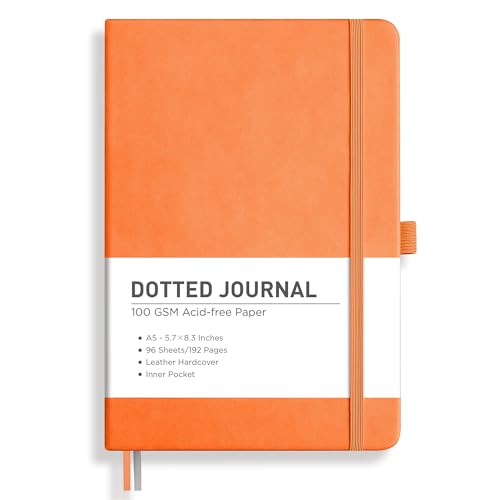 RETTACY Dotted Journal Notebook, 192 Pages, A5 Medium Size (5.7'' x 8.3''), Leather Hardcover, 100 GSM Thick Paper, for Journaling, Planning, Tracking (Orange) - color: Orange, style: Dotted