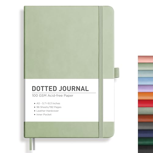 RETTACY Dotted Journal Notebook, 192 Pages, A5 Medium Size (5.7'' x 8.3''), Leather Hardcover, 100 GSM Thick Paper, for Journaling, Planning, Tracking (Light Green) - color: Light Green, style: Dotted