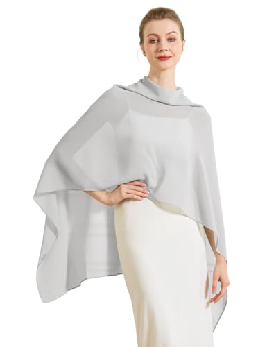 Chiffon Cape Shawl Wrap Scarf 3 Ways to Wear Elegant Sheer Capelet for Evening Dresses Weddings Parties - color: Silver