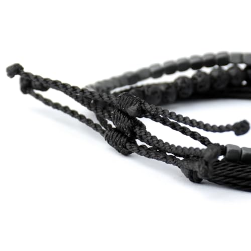 Mezcla Vida Handmade Natural Stone Beaded & Hematite Healing Bracelet Gift for Men-Set of 3 Stackable Adjustable Waterproof String Rope Bracelets