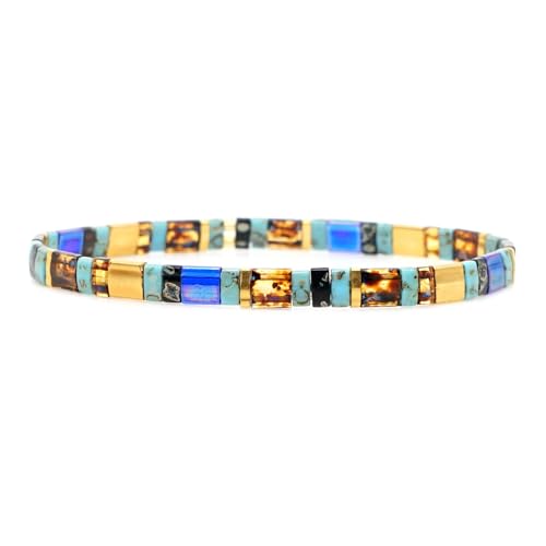 Summer Candy Colors Tila Flat Seed Beads Stretch Strand Bracelet for Women- Trendy Unique Friendship Handmade Mixed Colorful Square Beaded Link Bracelets Stackable Jewelry Gifts - color: 0261C