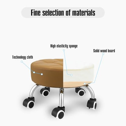 Low Height Rolling Stool - Heavy Duty Short Stool Chair with Wheels Low to Ground - Small Roller Seat for Home Office Garage Kitchen Repair Shop Mechanic Pedicure Library - Camel