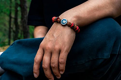 Hands Of Tibet Tibetan Mala Embedded Medicine Wrist Mala for Meditation Handmade Draw String Silk Pouch (Om Charm)